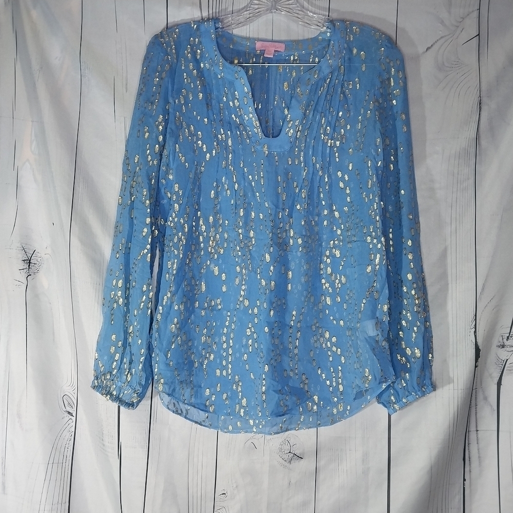 Lilly Pulitzer Colby True Blue Gold Dot Jacquard Metallic Blouse Top Size XXS